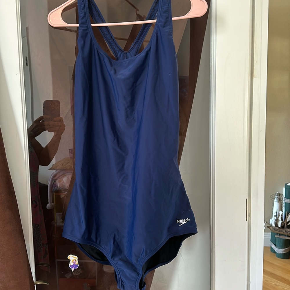 Speedo, navy blue swimsuit, size 16, one piece, power flex, run small